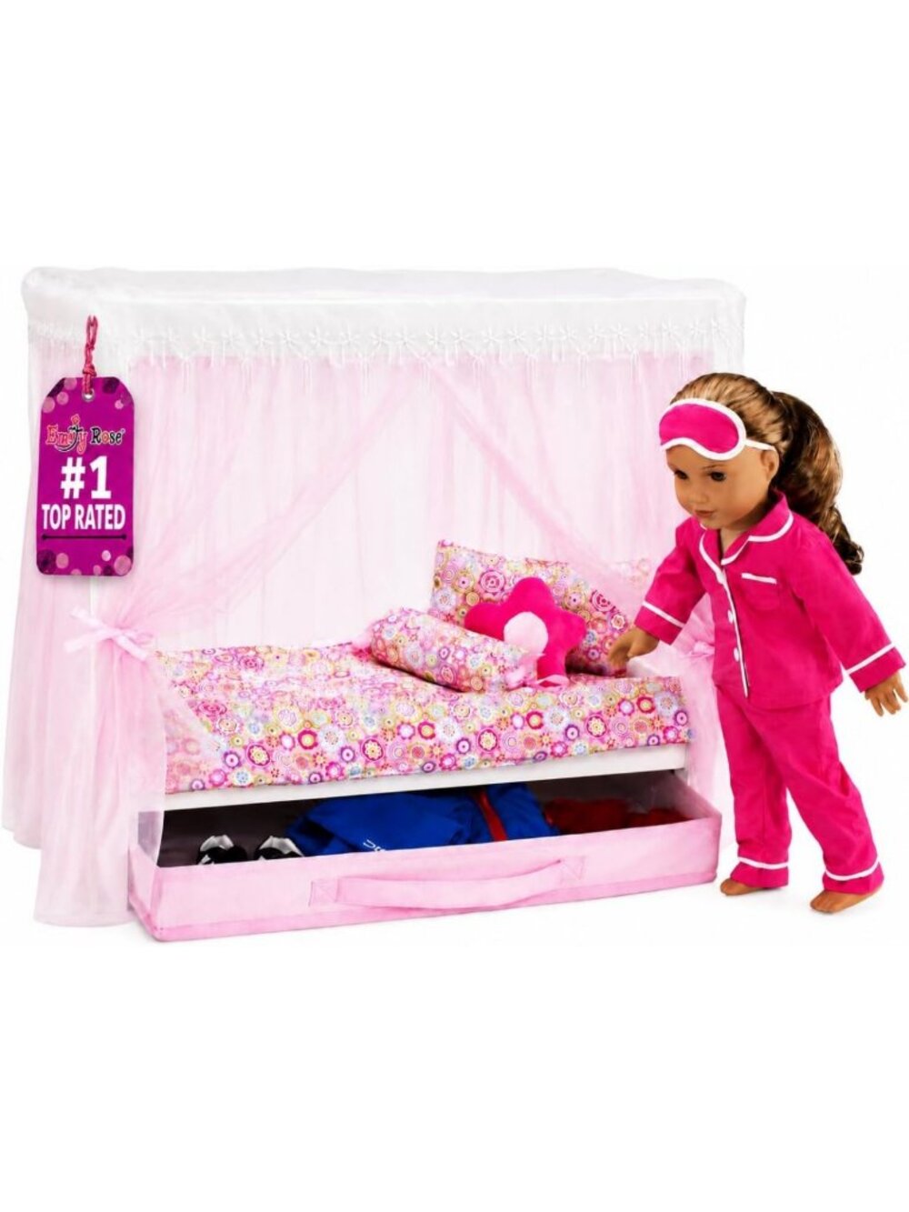 18" Doll Princess Canopy Bed - White Wood Frame with Pink Curtains & Bedding